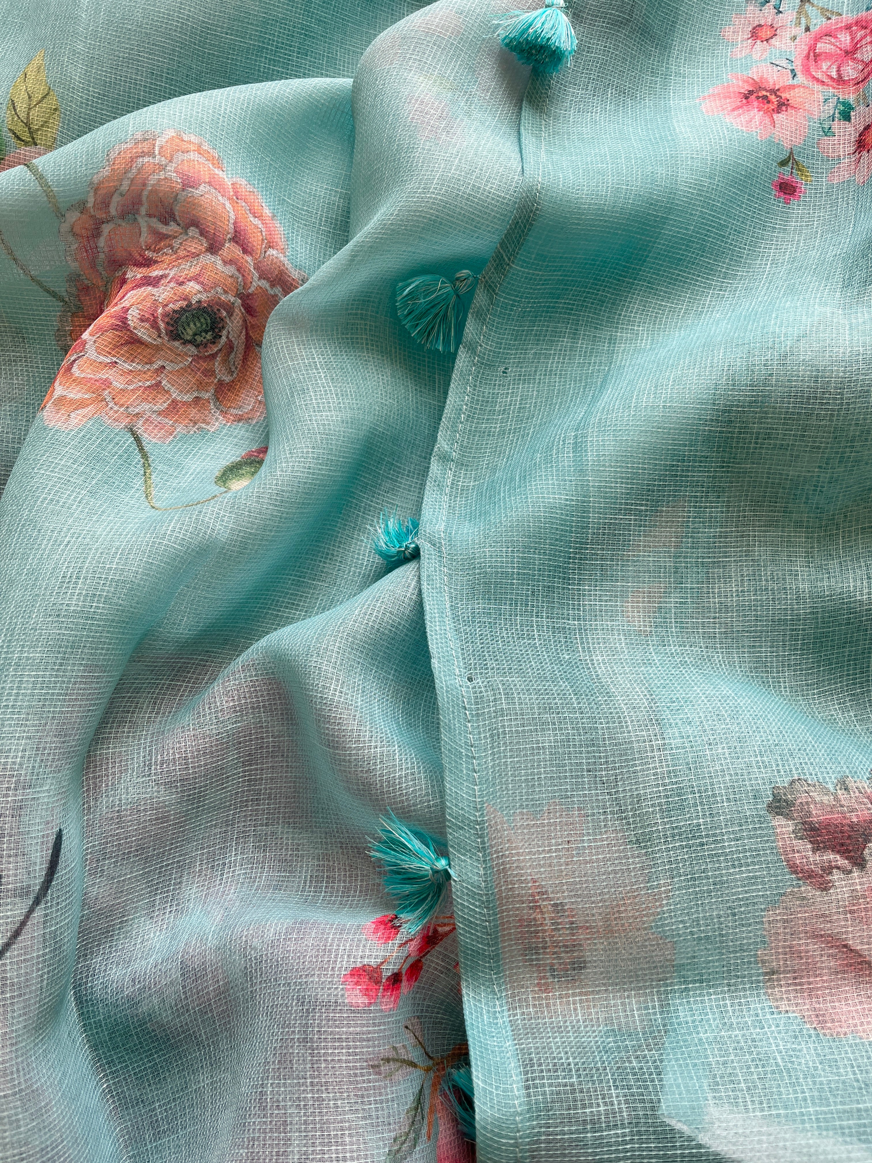 Blue Floral linen Silk Saree